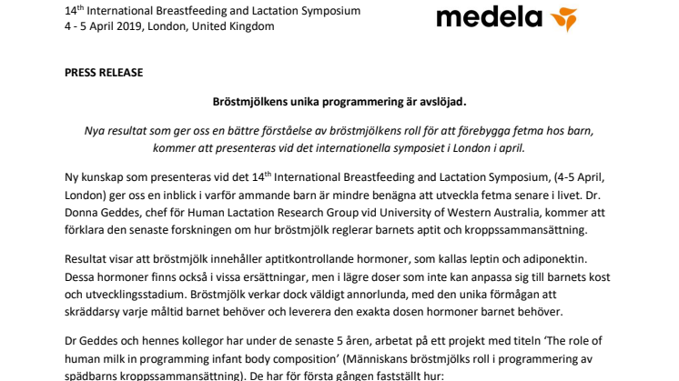 14th International Breastfeeding and Lactation Symposium i London: Pressrelease 2