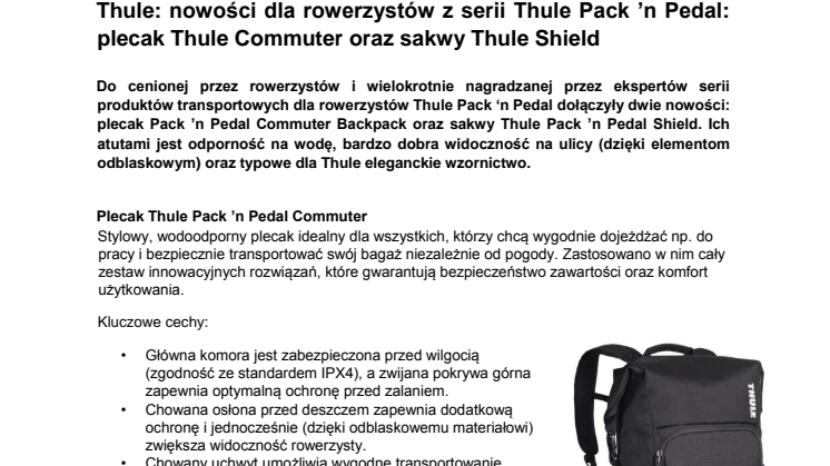 Nowości dla rowerzystów z serii Thule Pack ’n Pedal: plecak Thule Commuter oraz sakwy Thule Shield