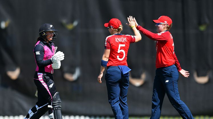 Sophie Ecclestone and Heather Knight celebrate the dismissal of Hayley Jensen. Photo: Getty Images