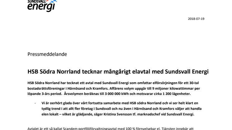HSB Södra Norrland tecknar mångårigt elavtal med Sundsvall Energi