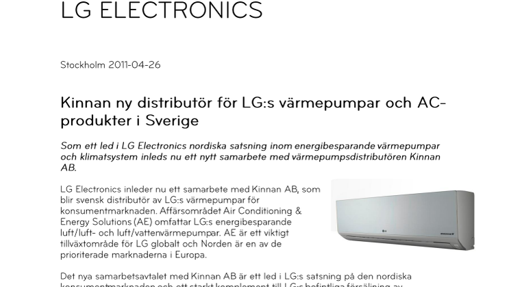 Kinnan ny distributör för LG:s värmepumpar och AC-produkter i Sverige