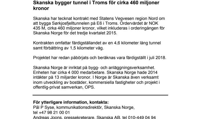 Skanska bygger tunnel i Troms för cirka 460 miljoner kronor