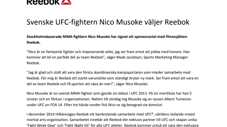 Svenske UFC-fightern Nico Musoke väljer Reebok 