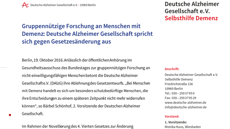 Gruppennützige Forschung an Menschen mit Demenz: Deutsche Alzheimer Gesellschaft spricht sich gegen Gesetzesänderung aus