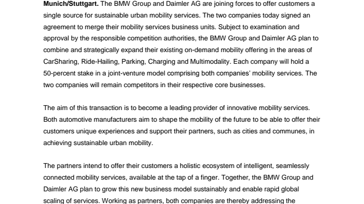 BMW Group and Daimler AG agree to combine mobility services