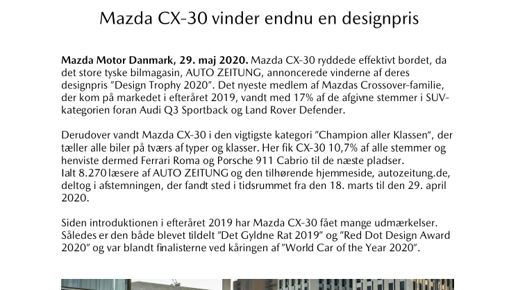 Mazda CX-30 vinder endnu en designpris