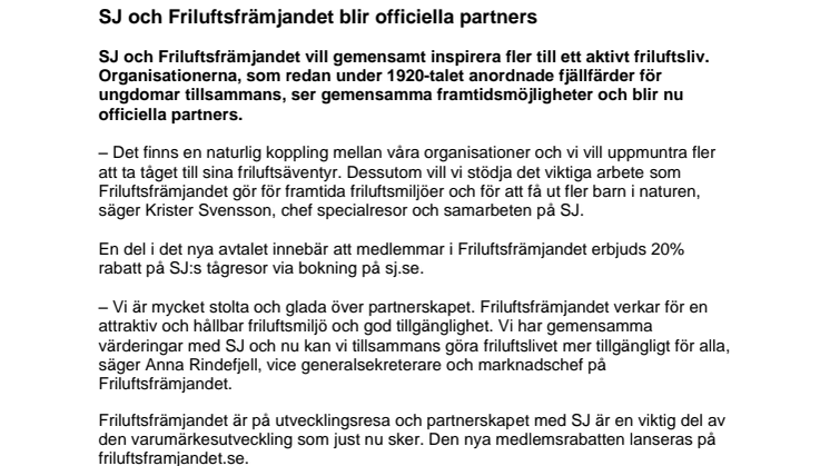 SJ och Friluftsfrämjandet blir officiella partners