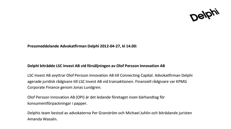 Delphi biträdde LSC Invest AB vid försäljningen av Olof Persson Innovation AB