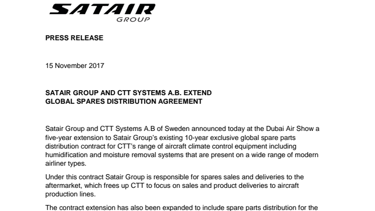 Satair Group and CTT Systems A.B. extend global spares distribution agreement
