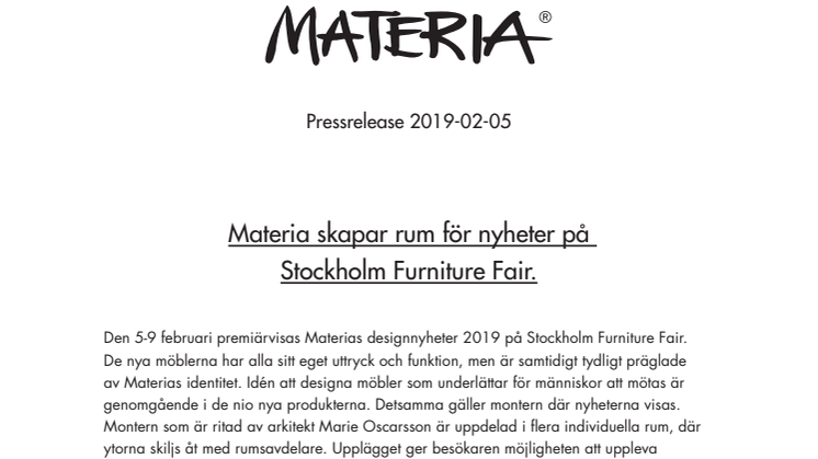 Materia skapar rum för nyheter på Stockholm Furniture Fair.