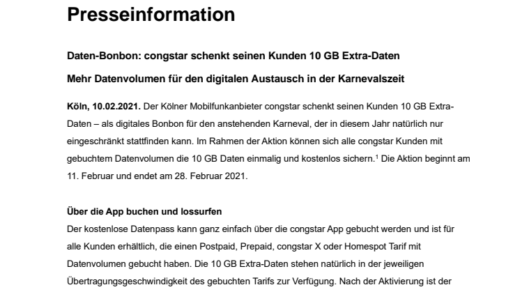 Daten-Bonbon: congstar schenkt seinen Kunden 10 GB Extra-Daten