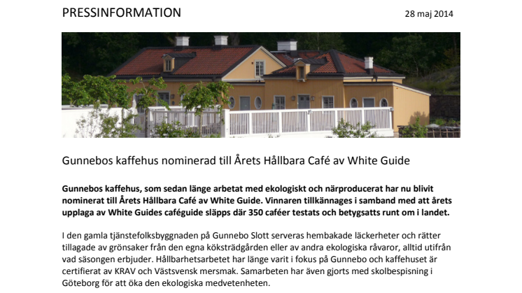 Gunnebo Kaffehus och Krog nominerad till Årets Hållbara café av White Guide
