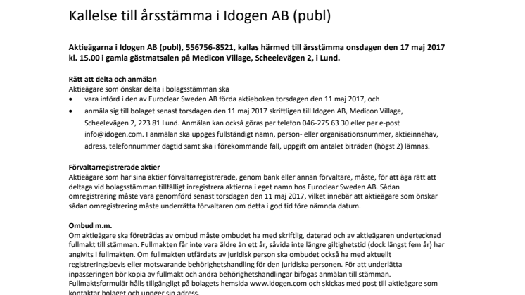 Kallelse till årsstämma i Idogen AB (publ)