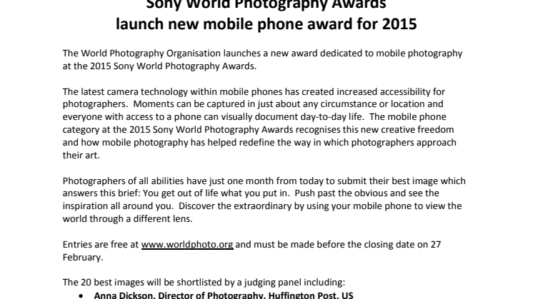 Sony World Photography Awards launch new mobile phone award for 2015
