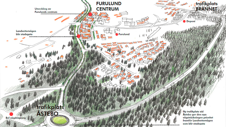 Illustration som visar hur Brännetleden skulle kunna dras söder om Furulunds centrum i Partille. Bild: Sweco.