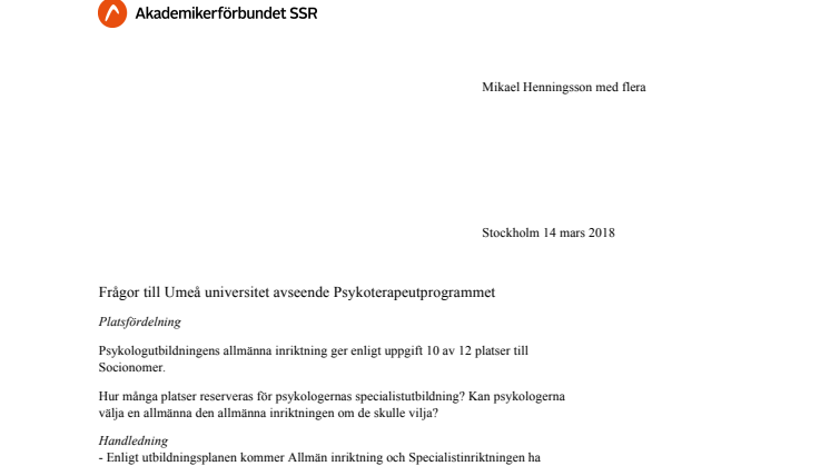 SSR frågor till Umeå universitet 14 mars