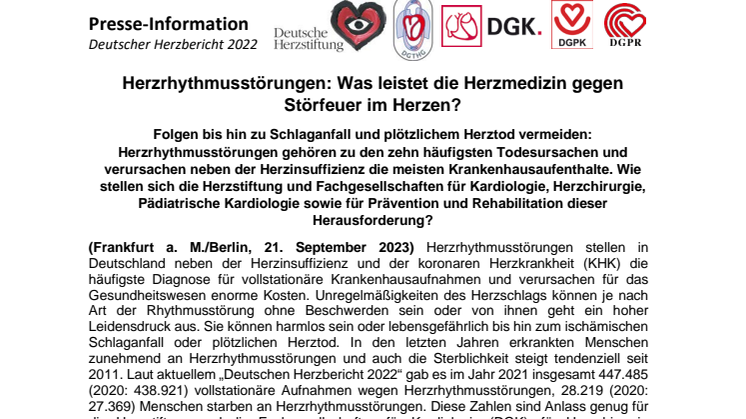KURZVERSION: Gemeinsame Pressemeldung der Deutschen Herzstiftung und herzmedizinischen Fachgesellschaften zur PK-Herzbericht