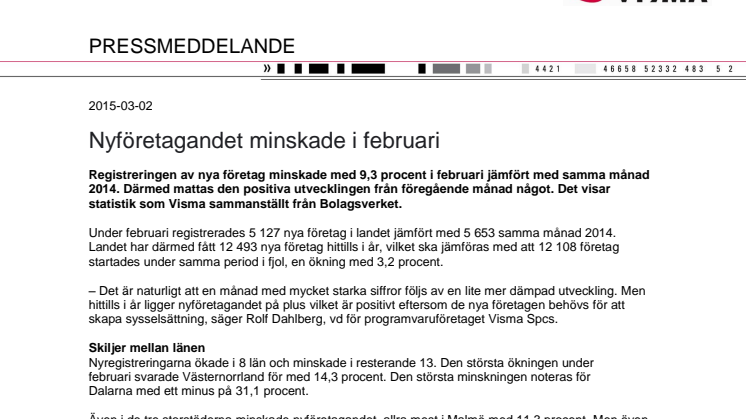 Nyföretagandet minskade i februari