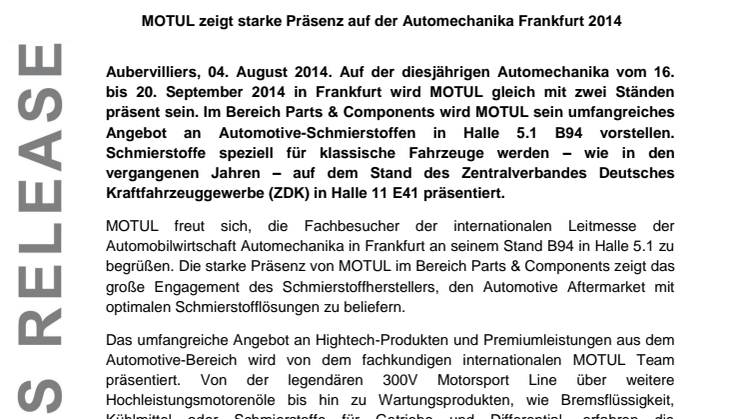 MOTUL zeigt starke Präsenz auf der Automechanika Frankfurt 2014