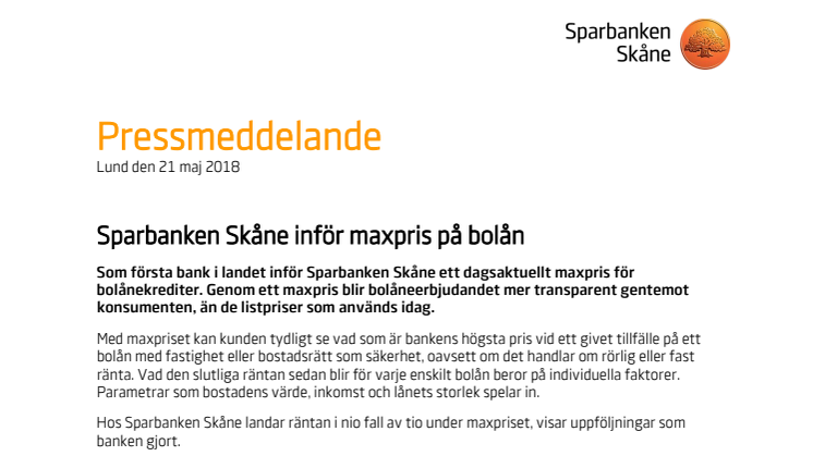 Sparbanken Skåne inför maxpris på bolån