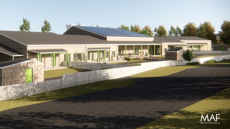 Strömnäsbackens förskola ska värmas och kylas av innovativa och hållbara energilösningar.      Illustration: MAF