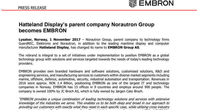 Hatteland Display: Hatteland Display’s parent company Norautron Group becomes EMBRON