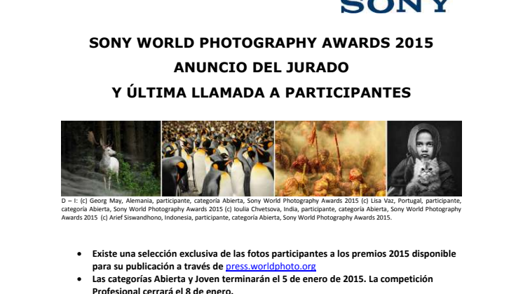 SONY WORLD PHOTOGRAPHY AWARDS 2015  ANUNCIO DEL JURADO  Y ÚLTIMA LLAMADA A PARTICIPANTES