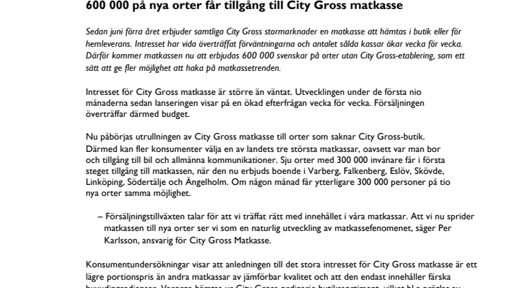 600 000 på 17 nya orter får tillgång till City Gross matkasse