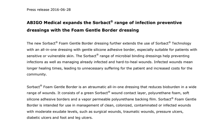 ABIGO Medical expands the Sorbact® range of infection preventive dressings with the Foam Gentle Border dressing