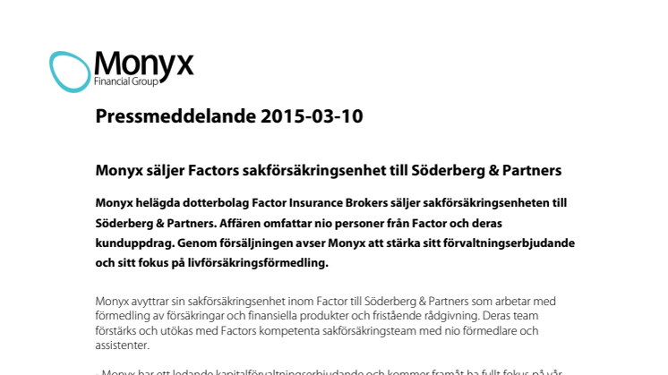 Monyx säljer Factors sakförsäkringsenhet till Söderberg & Partners