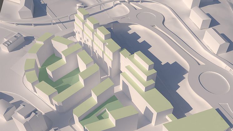 Nya bostäder vid Umeå Östra. Bilden visualiserar byggrätten. 