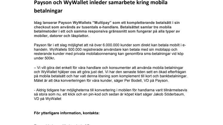 Payson och WyWallet inleder samarbete kring mobila betalningar