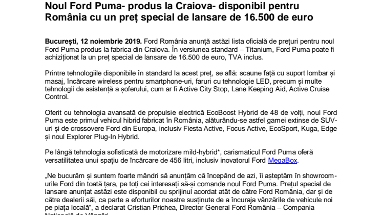 Noul Ford Puma- produs la Craiova- disponibil pentru România cu un preț special de lansare de 16.500 de euro