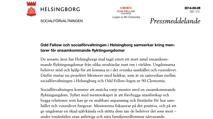 Odd Fellow och socialförvaltningen i Helsingborg samverkar kring mentorer för ensamkommande flyktingungdomar