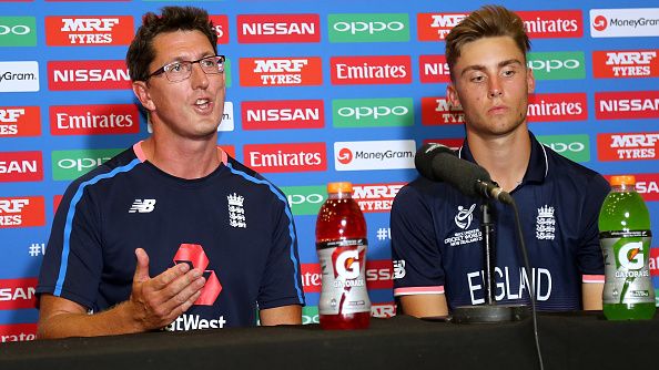 Jon Lewis faces the media with Will Jacks during the ICC Under-19 World Cup in New Zealand