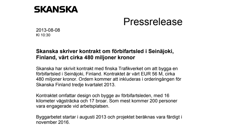 Skanska skriver kontrakt om förbifartsled i Seinäjoki, Finland, värt cirka 480 miljoner kronor 