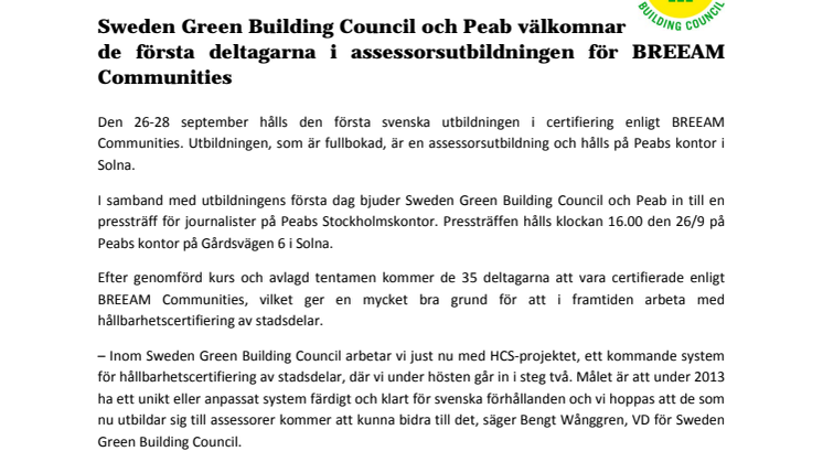 Sweden Green Building Council och Peab bjuder in till pressträff i samband med den första BREEAM Communities-utbildningen