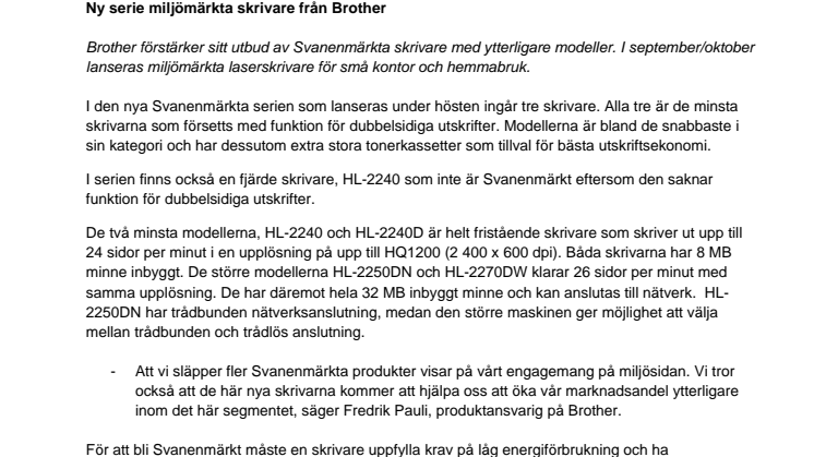 Brother International Sweden AB: Ny serie miljömärkta skrivare från Brother