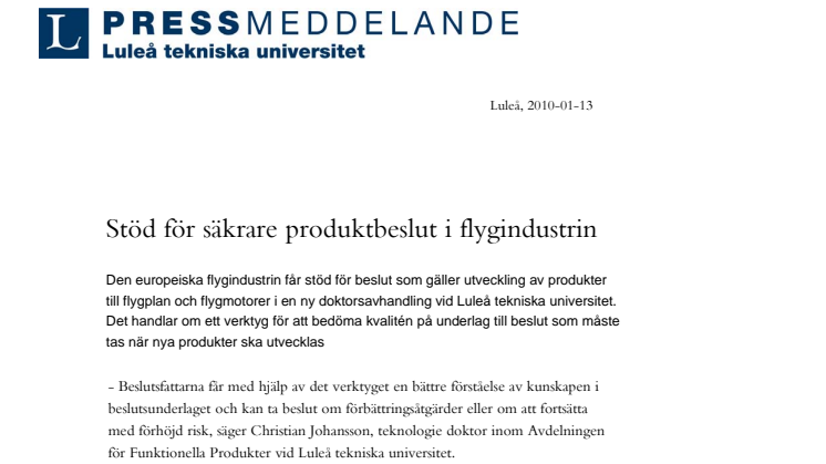 Stöd för säkrare produktbeslut i flygindustrin