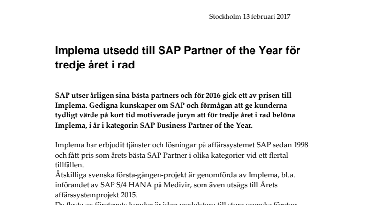 Implema utsedd till SAP Partner of the Year för tredje året i rad