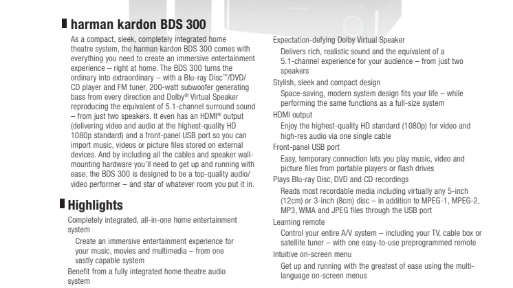 Specification sheet - harman kardon BDS 300 (English)