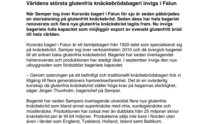 Världens största glutenfria knäckebrödsbageri invigs i Falun
