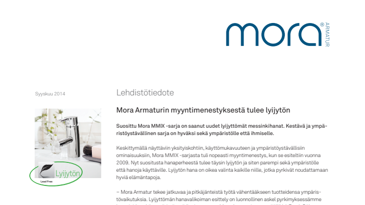 Mora Armaturin myyntimenestyksestä tulee lyijytön