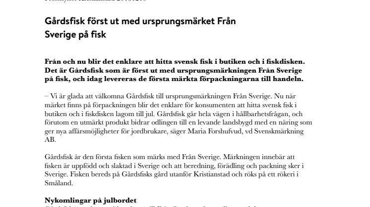 Gårdsfisk först ut med ursprungsmärket Från Sverige på fisk