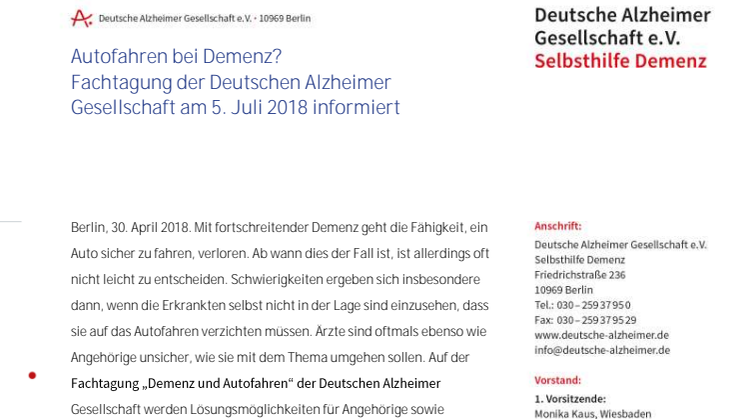 Autofahren bei Demenz? Fachtagung der Deutschen Alzheimer Gesellschaft informiert 