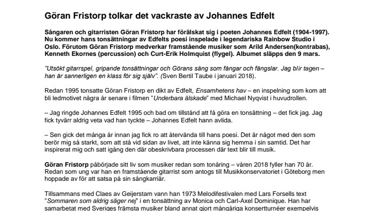 Göran Fristorp tolkar det vackraste av Johannes Edfelt
