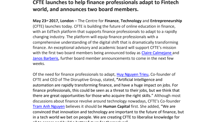 CFTE Announces New Board Members from Harvard Business School, Holberton School, Hong Kong University, Imperial College and London Business School to Join Edtech Project for Financial Services.