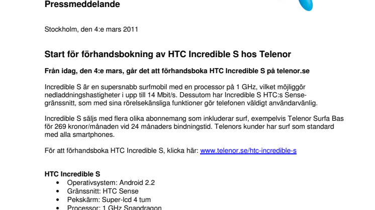 Start för förhandsbokning av HTC Incredible S hos Telenor