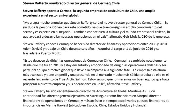 Steven Rafferty appointed new MD for Cermaq Chile