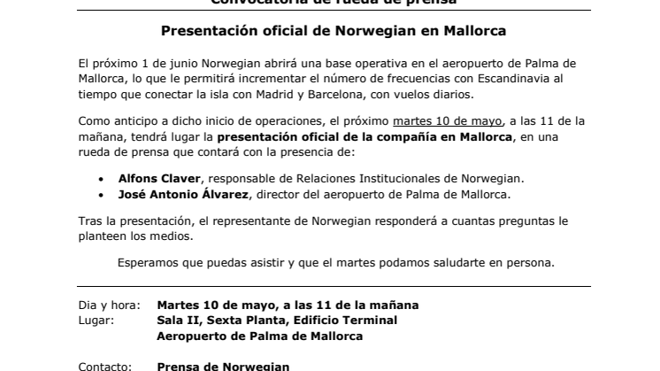 Descarga convocatoria: aeropuerto de Palma de Mallorca (martes 10 de mayo, 11 de la mañana).